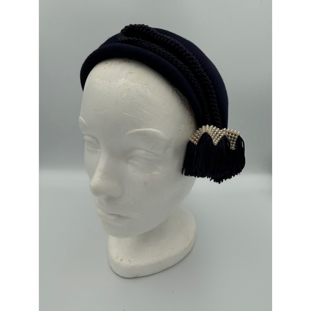 Jo Bailey Hats Navy Blue Wool Felt Pillbox Hat Pearl Tassel Accent Vintage Style